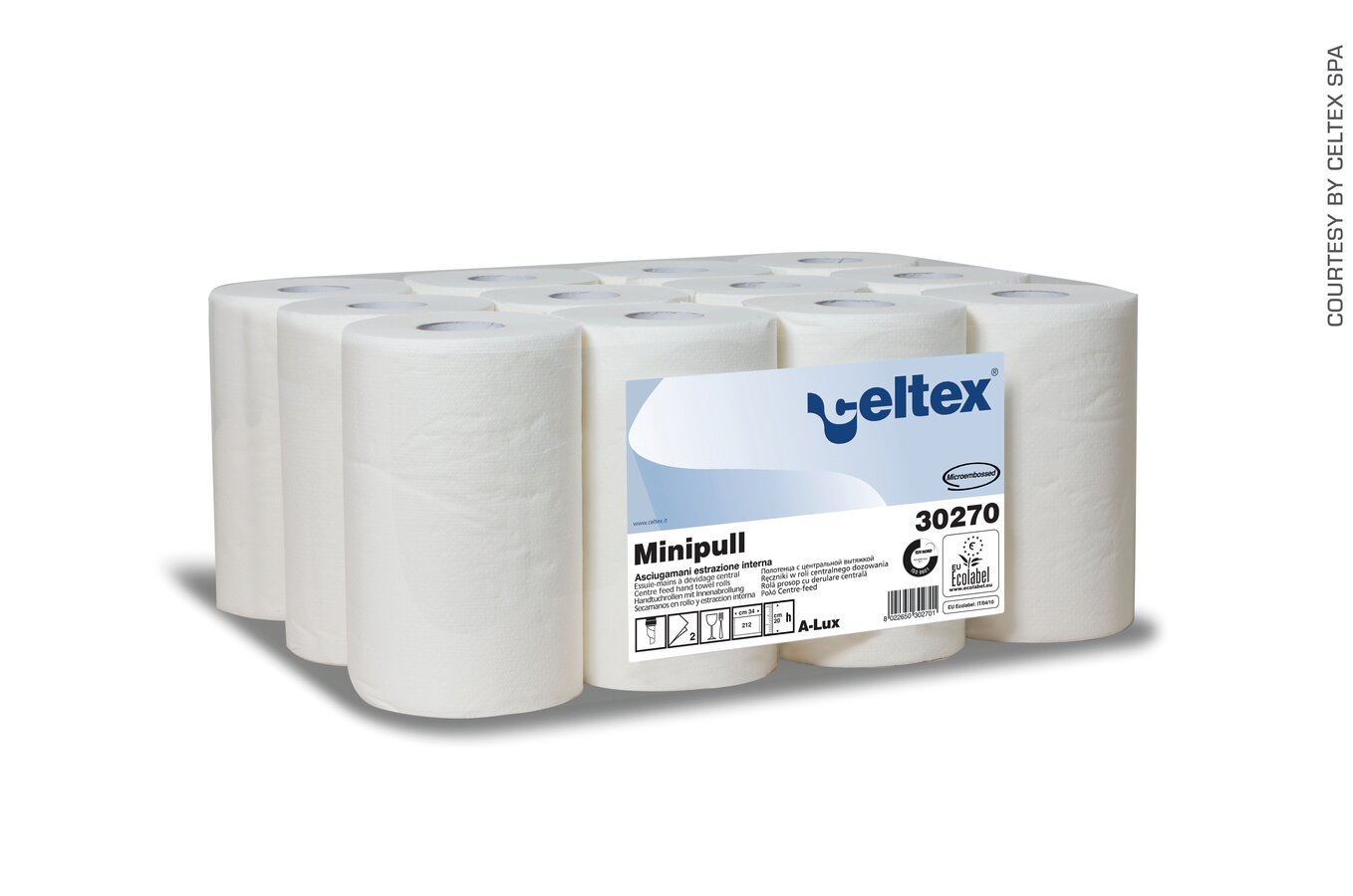Celtex MINIPULL – Mini papírové ručníky v roli, centrální odvíjení, 2vrstvé, 100% celulóza, 72 m (12 rolí)