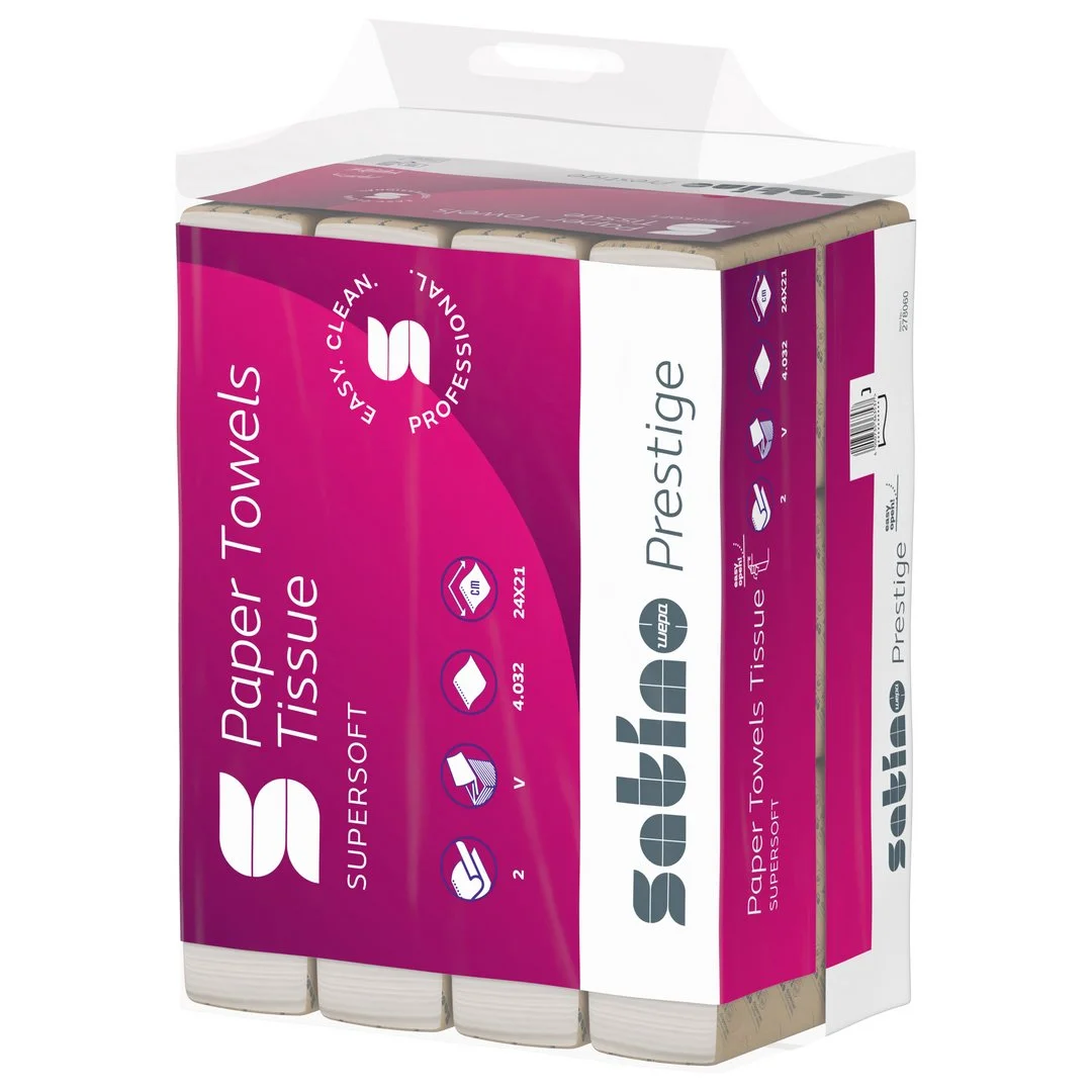 Satino Prestige – Papírové ručníky V-Fold, 2vrstvé, 100% celulóza, 24x21 cm, 4032 ks