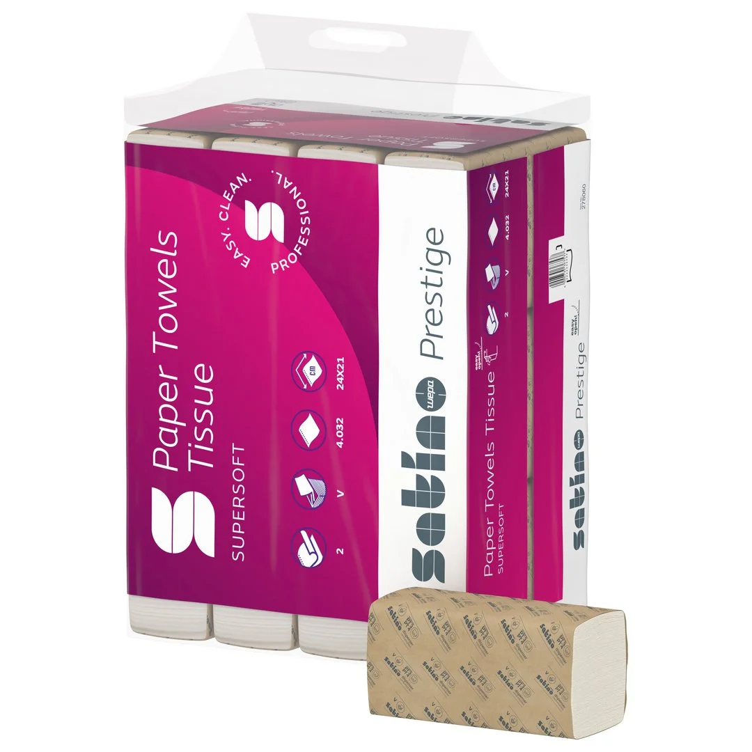 Satino Prestige – Papírové ručníky V-Fold, 2vrstvé, 100% celulóza, 24x21 cm, 4032 ks